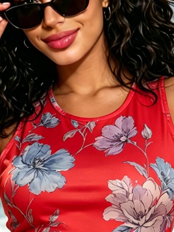 Romantic Watercolor Floral Print On Red Sleeveless Bodycon Mini Dress, Round Neck Form-Fitting Summer Vacation Dress