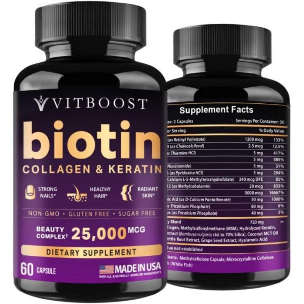Beetboost Biotin Hyaluronsäure Kollagen Keratin 25.000 Mikrogramm Haarwachstum Vitamin Männer & Frauen Nägel & Haarwachstum Hergestellt in den USA 60 Kapseln