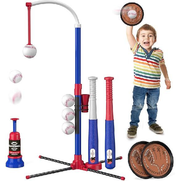 3-in-1 Baseball Set for Kids 3-5 - Tee Ball Stand, Hanging Tee, Ball Launcher and 6 Softballs - Adjustable Height, Indoor/Outdoor Sport Gifts for