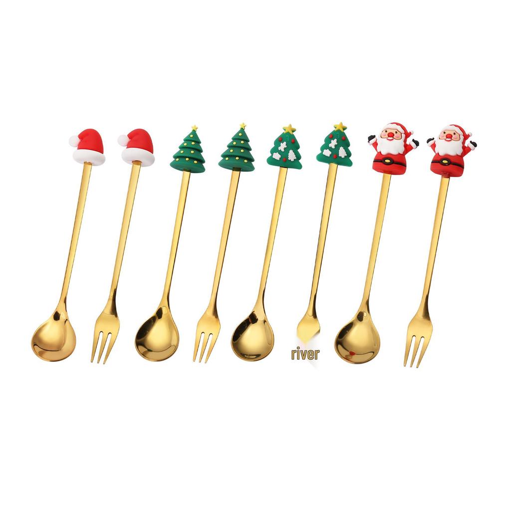 Cartoon Rabbit Christmas Dessert Spoon and Fork Set - Cute Party Favor Stirring Spoon
