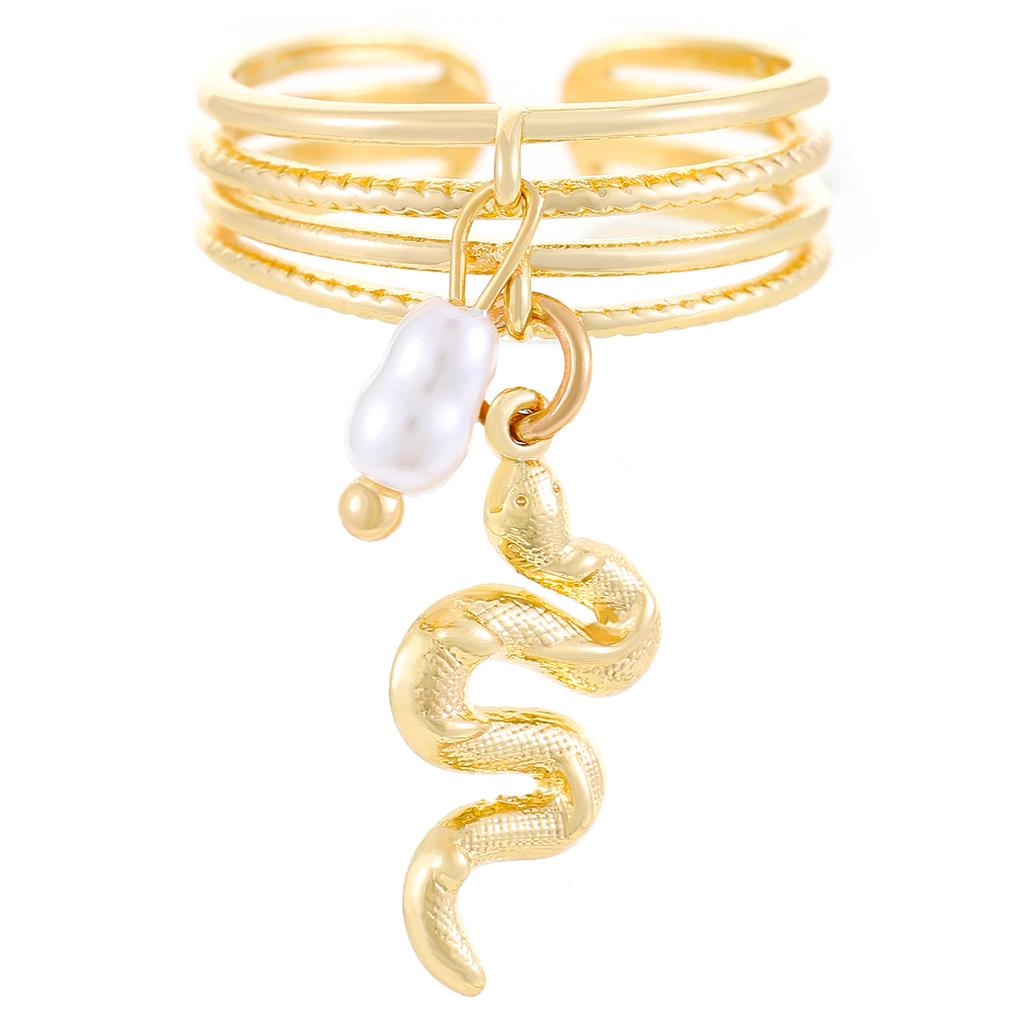 Luxury Design Baroque Pearl Eye Snake Pendant Rings for Women Retro Charm Gold Color Zircon Starfish Shell Finger Jewelry Gift