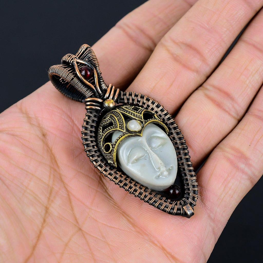 Grey Carved Bone Face & Moonstone Gemstone Pure Copper Wire Wrap Handmade Jewelry Pendant