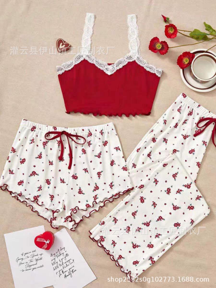 Floral pajamas women s suit summer thin trousers loungewear three-piece set outer wear trendy large size sex clothes S красный