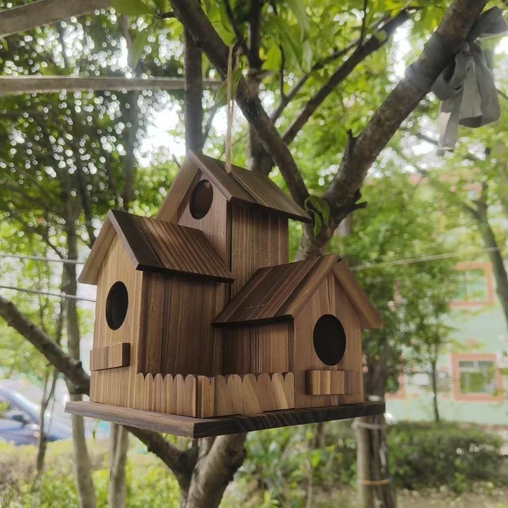 3 Chambers Wooden Bird House Incubation Box Thickened Hanging Birdhouse Rustic Weather Resistant Bird Villa Nest Backyard