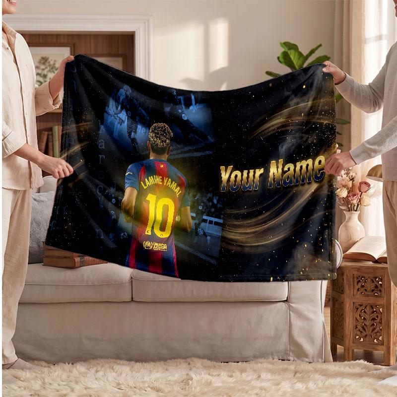 Lamine Yamal Personalisierte Fleecedecke Mit Fußball Logo, Benutzerdefinierter Name Text Weich Warm Heimdecke