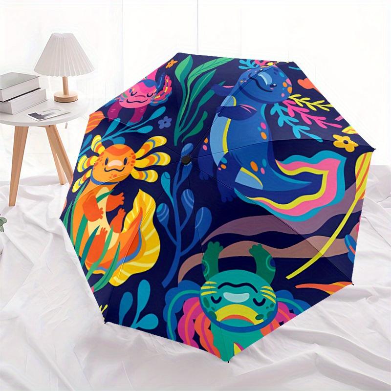 1pc Axolotls Marine Giant Salamander Automatic Open/Close Umbrella - Compact Travel Umbrella, 8-Rib Heavy-Duty Construction, Ideal Gift, Out