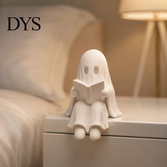 Trendy Desktop Ornament Ghost Reading Book Halloween Decoration, 3D Printed Shelf Sitter Statue, Gothic Style Decor Cute Spooky Sitting Figurine