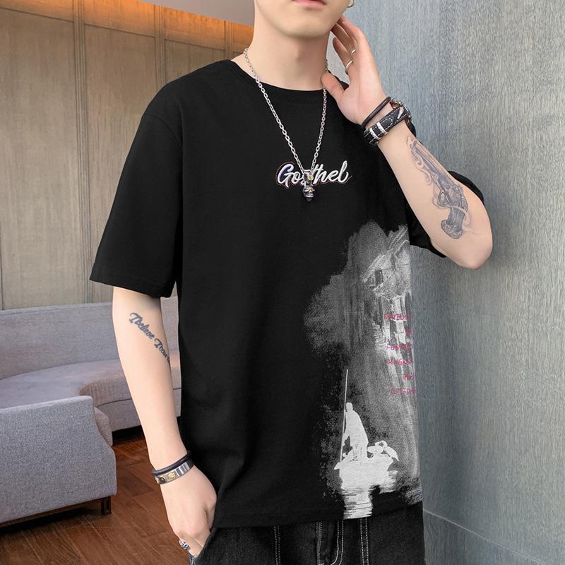 Short Sleeved T-shirt for Men's Thin Summer Trend Ink Style Half Sleeved Casual and Handsome Fashion Top