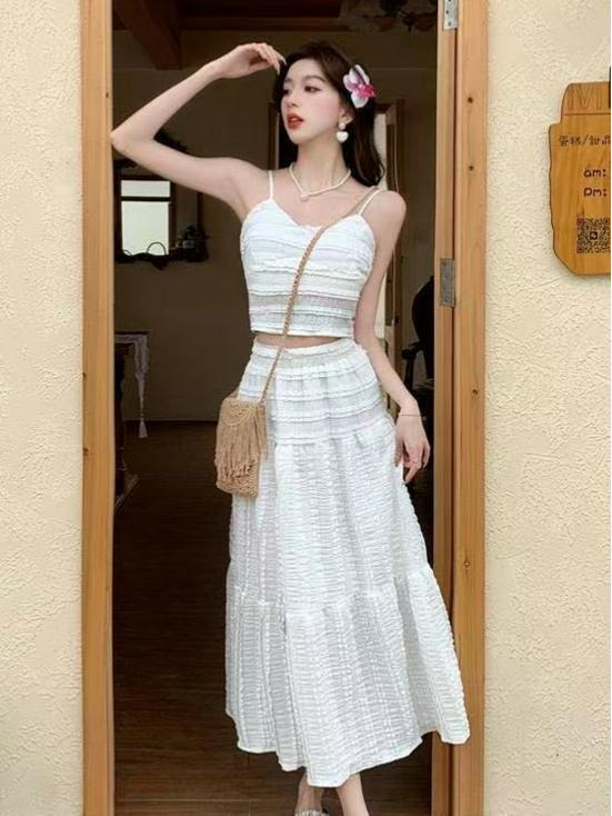 Женский летний комплект: топ на бретельках с рюшами и юбка миди в милом стиле Extra Large абрикосовый