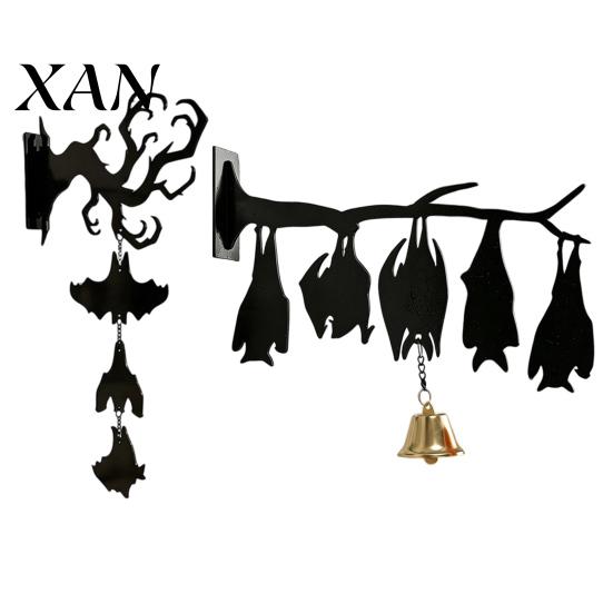 Acrylic Halloween Door Sign Hanging Wall Decor, Matte Black Dead Branch Bat Silhouette Ornament Festive Entrance Bell with Metal Bell, Easy