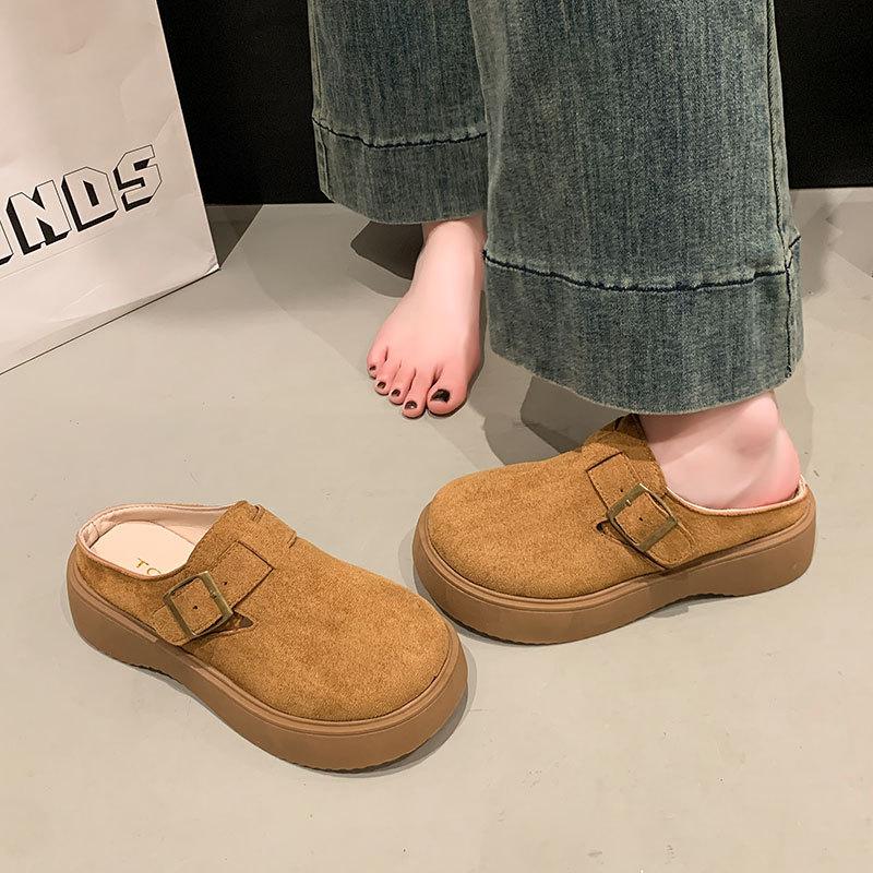 Retro Thick-bottomed Boken Bag Head and Half Slippers for Women's 2025 Spring New Models To Increase Height and Wear Lazy People with One Foot and H