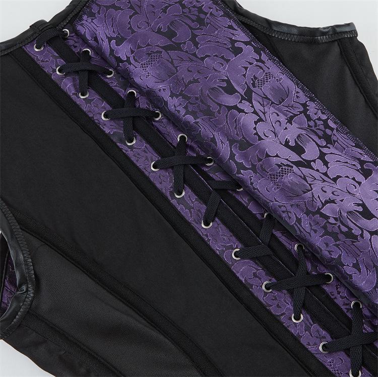 European & American Court Style Black Lace-Up Sleeveless Corset with 12 Steel Bones & Double-Breasted Chain Buttons.