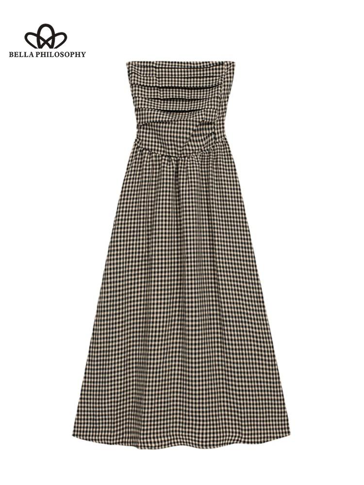 Letní nové kostkované bez ramínek Středně dlouhé úzké elegantní šaty pro ženy Ležérní elegantní plážové párty dlouhé šaty