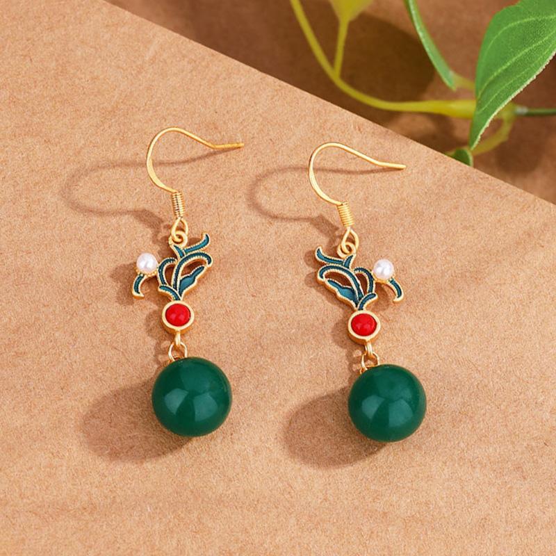 Ancient Gold Craft Chinese Style Retro Enamel Eardrop Inlaid Natural An Jade Earrings For Women Classic Design Jewelry