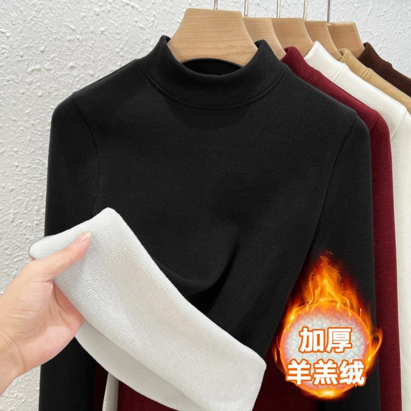 Semi-turtleneck wool bottoming shirt women's autumn and winter lamb wool with new velvet thickened warm velvet winter top