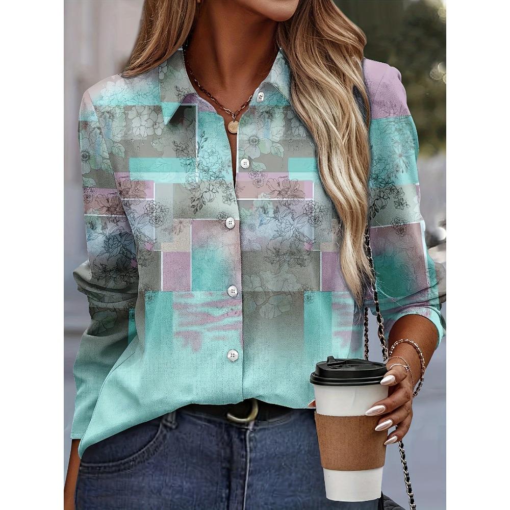 Fashion Block Splicing 3D Print Women's Long Sleeve Shirts Gradient Color Loose Blouse Tops Casual Fashion Women's Clothing