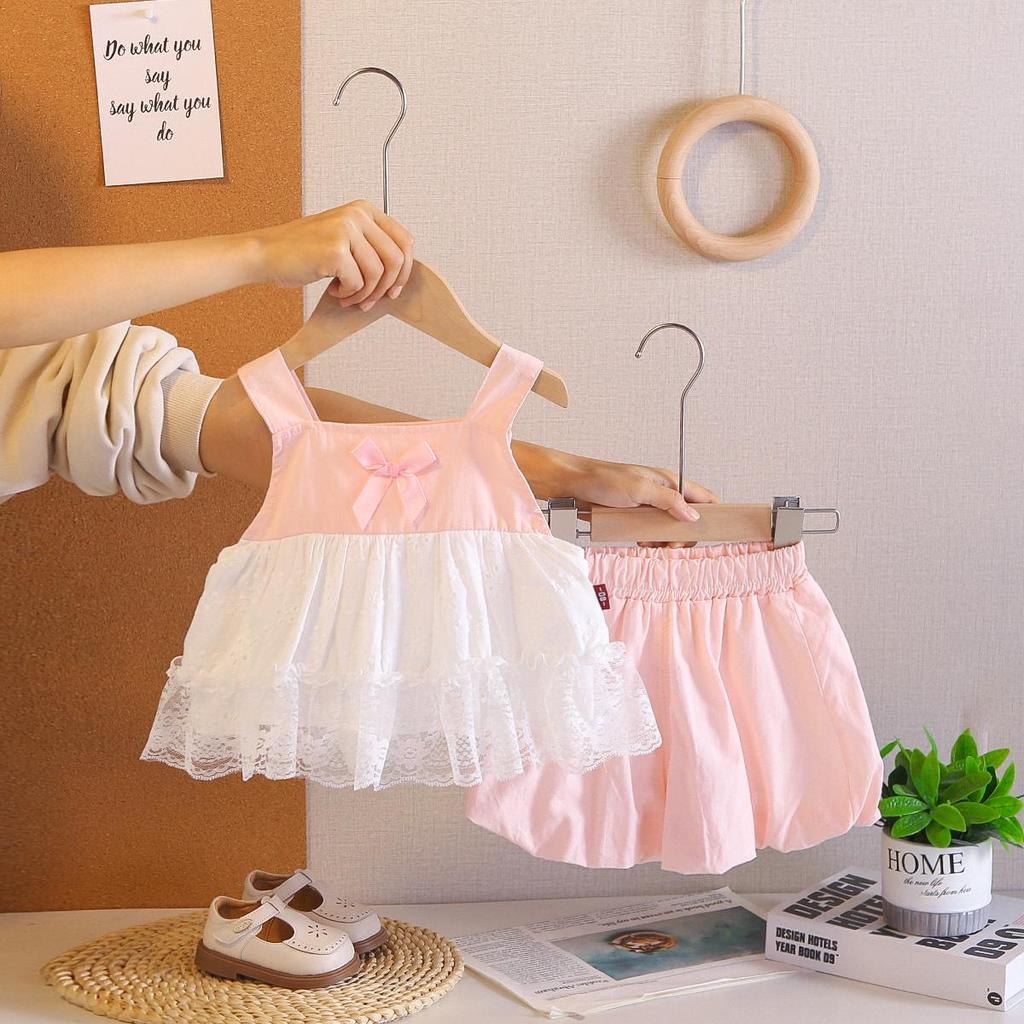 Stilvolles Zweiteiler-Set für Mädchen: Weste & Spitzen-Puppe-Shirt - Ärmelloses Top mit Schleife, Größen für kleine & mittlere Kinder