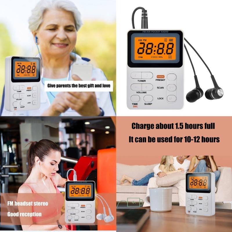 Pocket AM FM Radio Portable Reception Rechargeable Battery Digital Tuning Radio with Stereo Earphone Large LCD Screen
