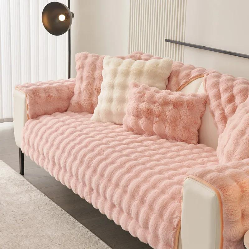 Warm Velvet Non-Slip Cushions Winter Thick Plaid Plush Sofa Cover  Living Room Flannel Couch Covers Universal Armrest Back Towel