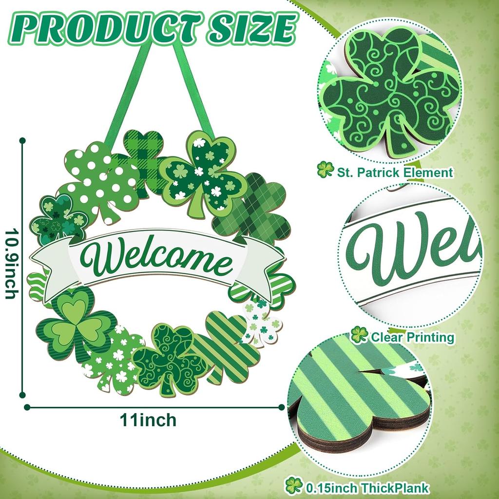Wooden St. Patrick's Day Decoration Shamrock Door Wreath for Front Door Sign Wall Signs Shamrock Clover Spring Decoration, Irish Sign Welcome Hanging