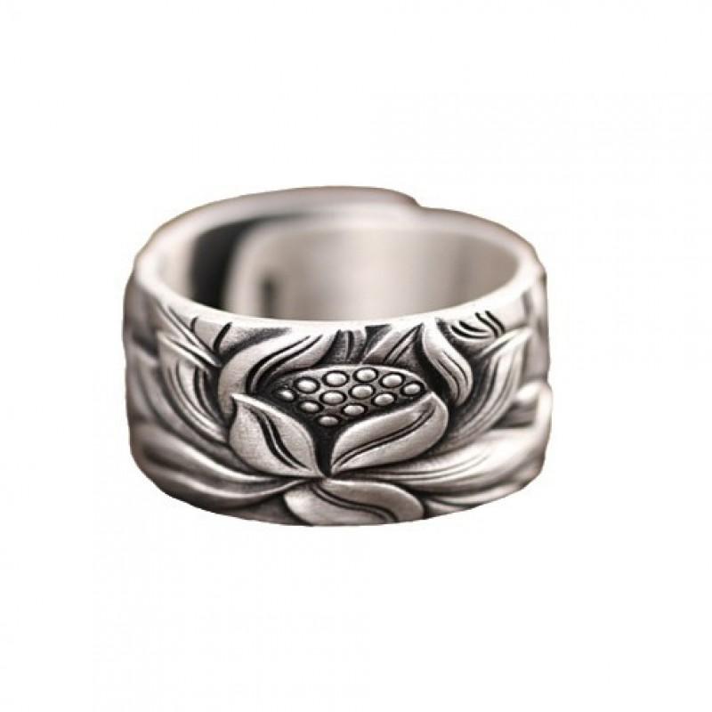 Adjustable Open Ring Men Women Vintage Floral Lotus Design Plated Geometric Band Unisex Fashion Jewelry
