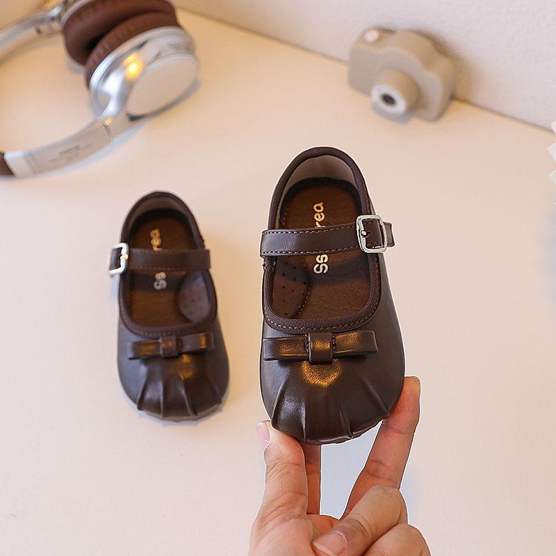

Black leather shoes for girls, soft-soled, new autumn model, children s bow princess shoes, fashionable baby flats 21-25Please take a photo