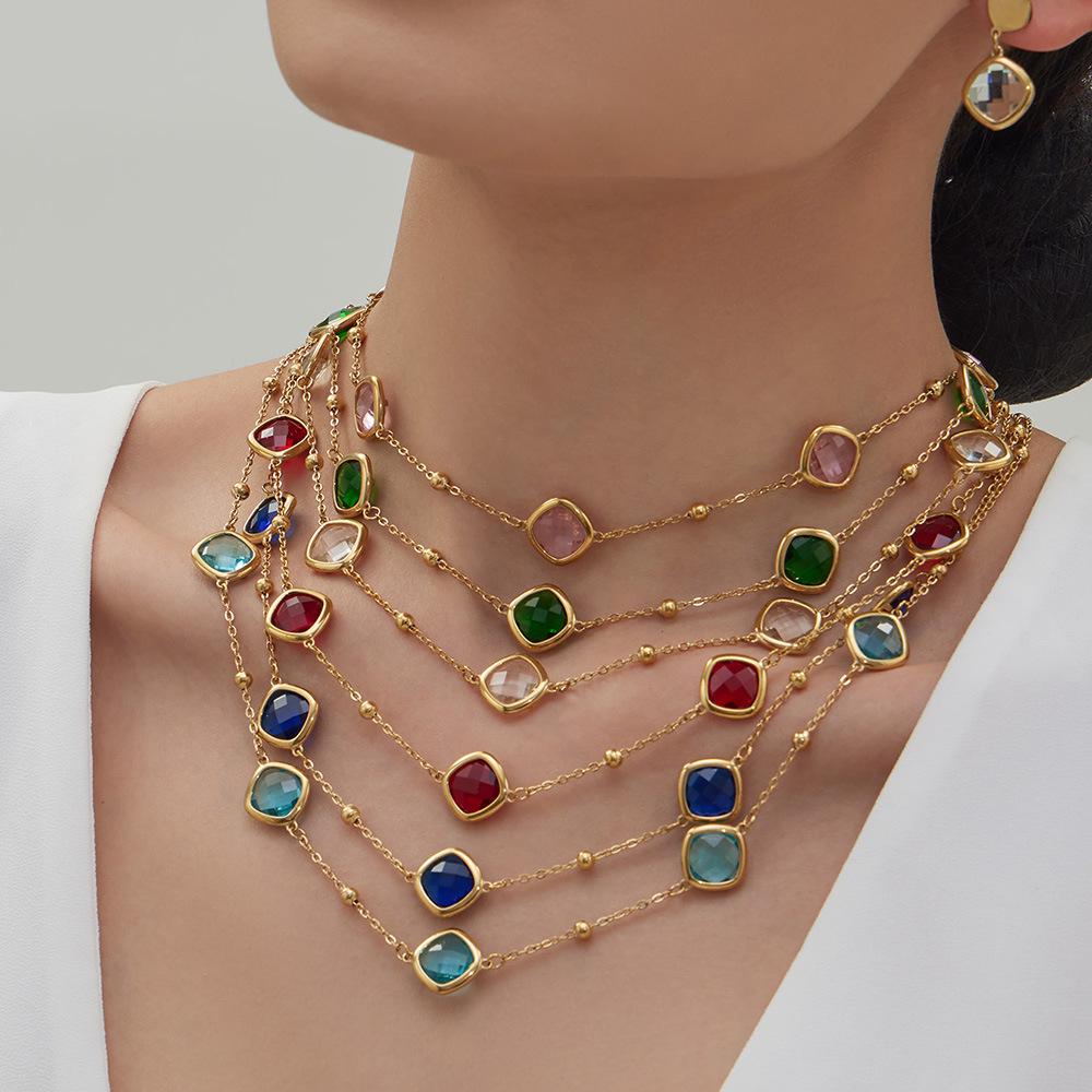 Stylish European & American Stainless Steel Jewelry Set with Square Faceted Glass Stones: Includes Bracelet, Necklace, and Earrings