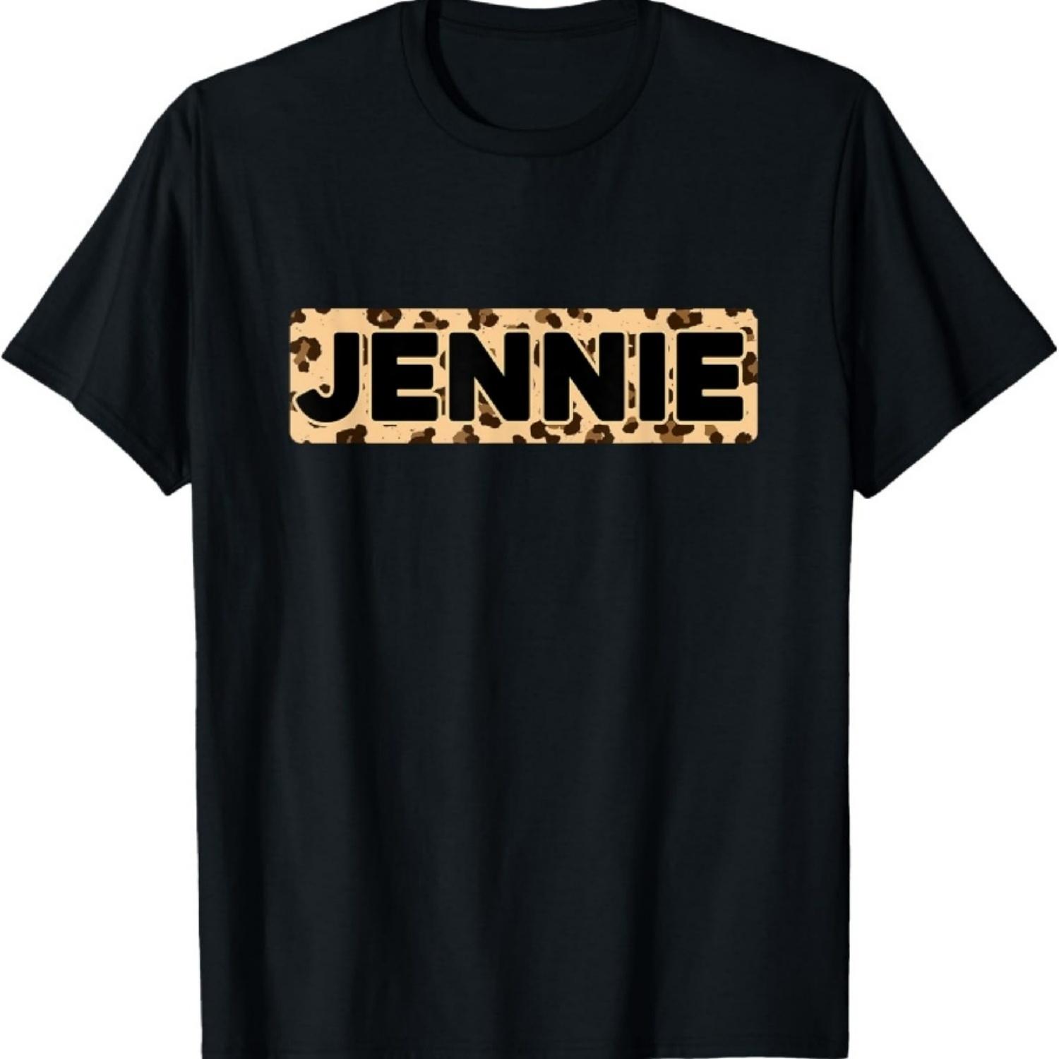 Забавная футболка Jennie с леопардовым принтом и персонализированным именем Jennie S чёрный