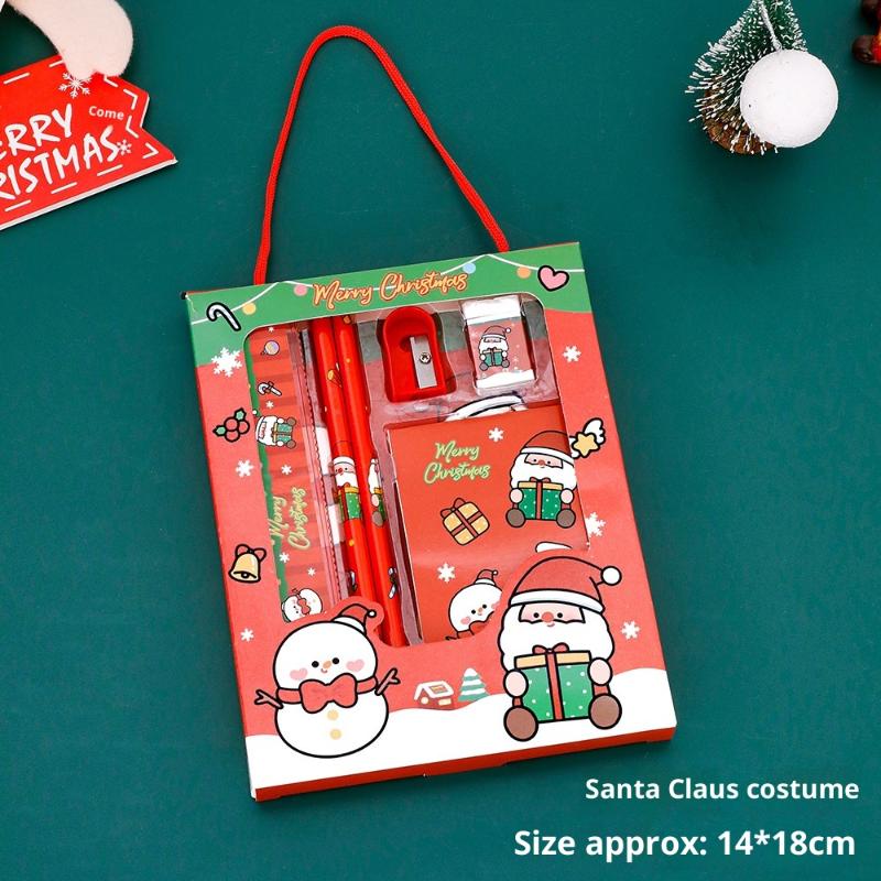 6Pcs/set Cartoon Christmas Kawaii Children Stationery Set Pencil Sharpener Erasers Pencils Rulers School Stationery Supplies