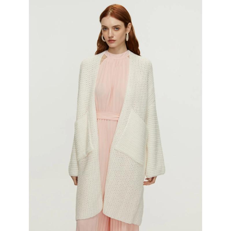 

Женский осенне-зимний вязаный однотонный кардиган средней длины с переплетением нитей XL белый