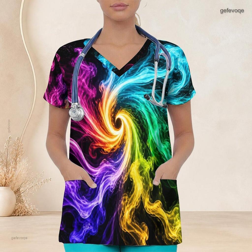 Damen Plus Size Kurzarm V-Ausschnitt Regenbogen-Wirbelmuster Krankenschwester-Kittel mit Vordertaschen