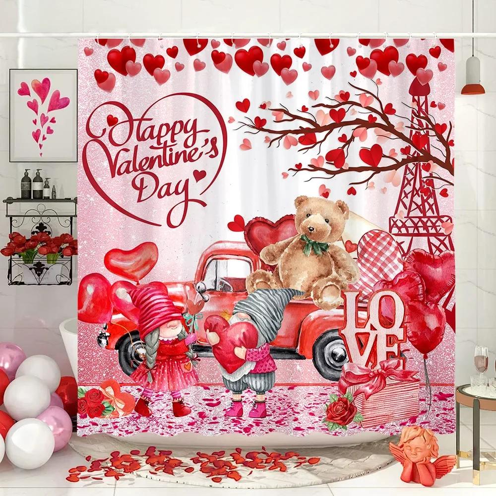 Valentine's Day Shower Curtain Romantic Red Rose Hearts Valentine's Day Genie Shower Curtain Set Shower Curtains Bathroom Decor