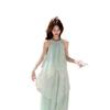 Summer Korean New Pure Green Vacation Dress, Thin Flower Lace Splicing Neck Dress, Long Dress