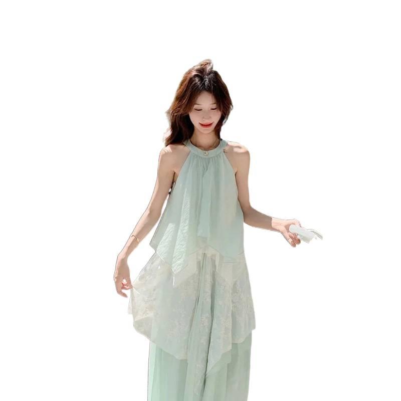 Summer Korean New Pure Green Vacation Dress, Thin Flower Lace Splicing Neck Dress, Long Dress