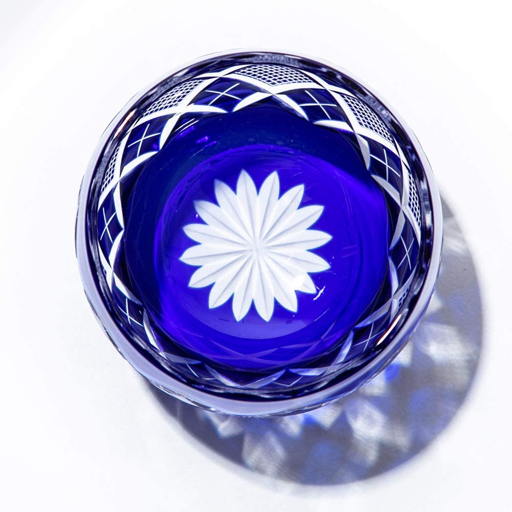 Official Direct Sales from Taiburo Edo Kiriko Crest Sake Cup Wooden Made In Japan Workshop Yarai-Nanko (Blue) TB90232B, Box,