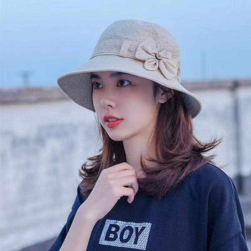 Spring And Summer Hat Women'S Basin Hat Button Bow Bucket Hat Mother Hat Versatile Big Brim Sun Hat
