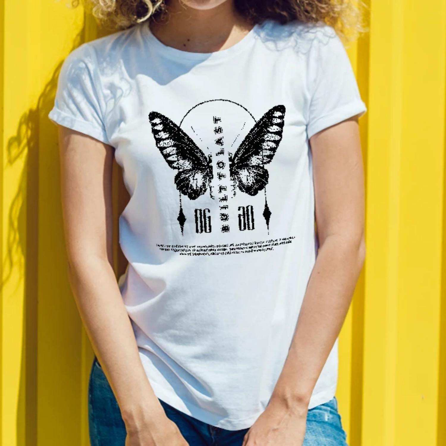 

Women s round neck butterfly and letter printing casual spring and summer T-shirt creative design, rich layering XXXXXL