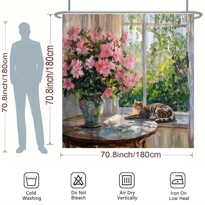 Spring Garden Shower Curtain - Window side Cat and Blooming Flowers Hanging on Living Room Wall, Bedroom Decoration