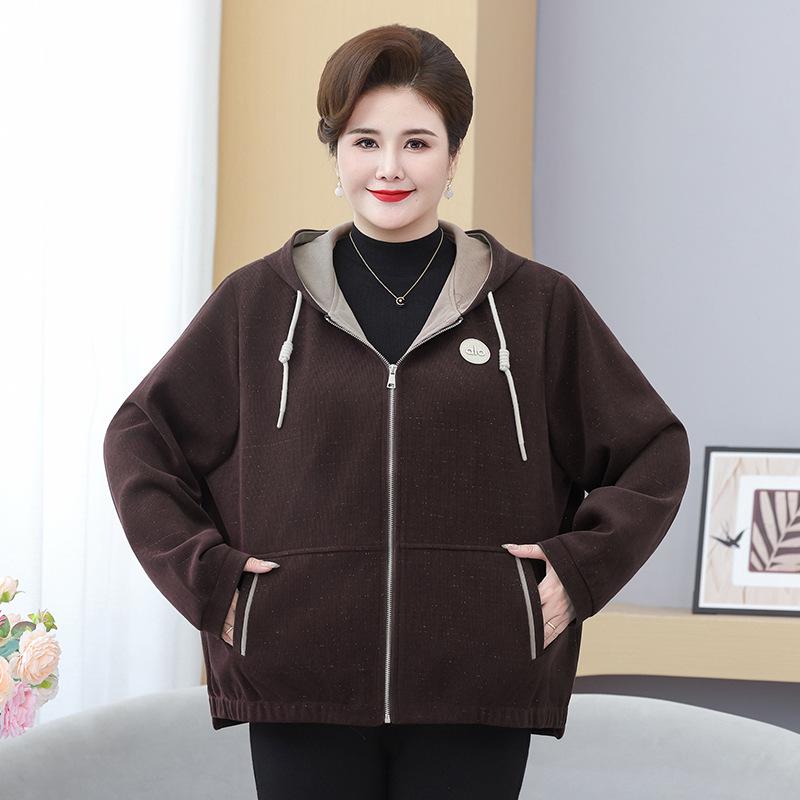 2025 Stylish Hooded Windbreaker for Mothers: Loose-Fit, Plus-Size Autumn Coat with Prints for Middle-Aged & Elderly Women