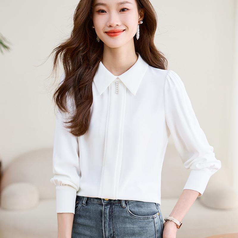 

Женская белая атласная блузка с длинным рукавом из шифона - Элегантный, приталенный дизайн для весны/осени 2025 S белый