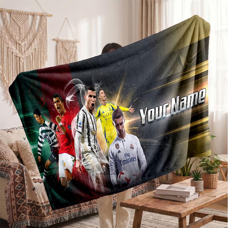 Futbol Logolu Kişiselleştirilmiş Cristiano Ronaldo Polar Battaniye, Özel İsim Yazılı Yumuşak Sıcak Ev Battaniyesi
