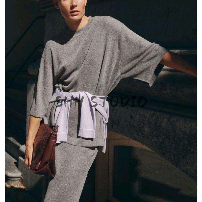 Autumn New Women's Clothing Idle Style round Neck Pure Color Loose Plain Short Sleeve Knitting Tops 2142189