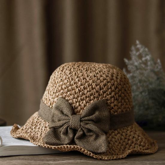 Straw Hat Hand-Knitted Natural Straw Wide Brim UV Protection Foldable Hat Bow Decor Portable Beach Sun Hat