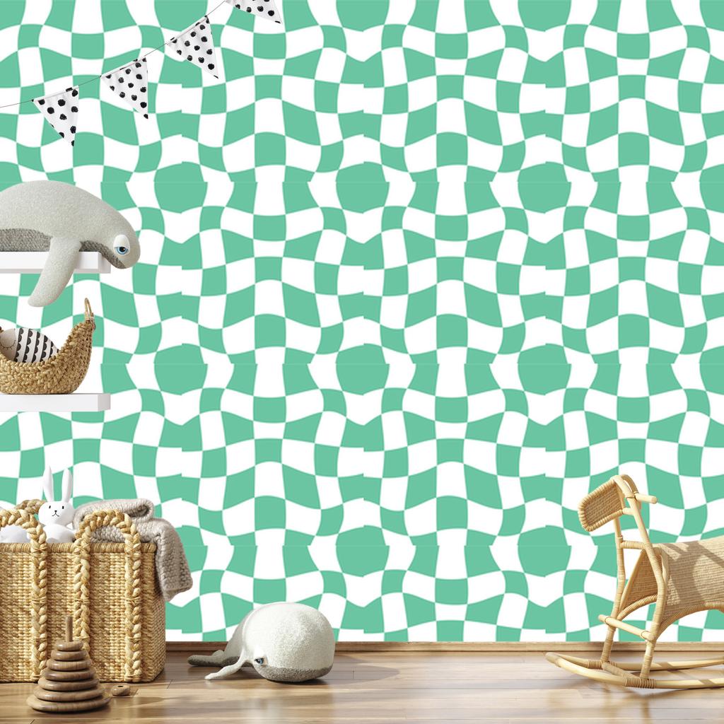 Casual Checkerboard Wallpaper White and Sea Blue for Living Room and Bedroom 50x1000