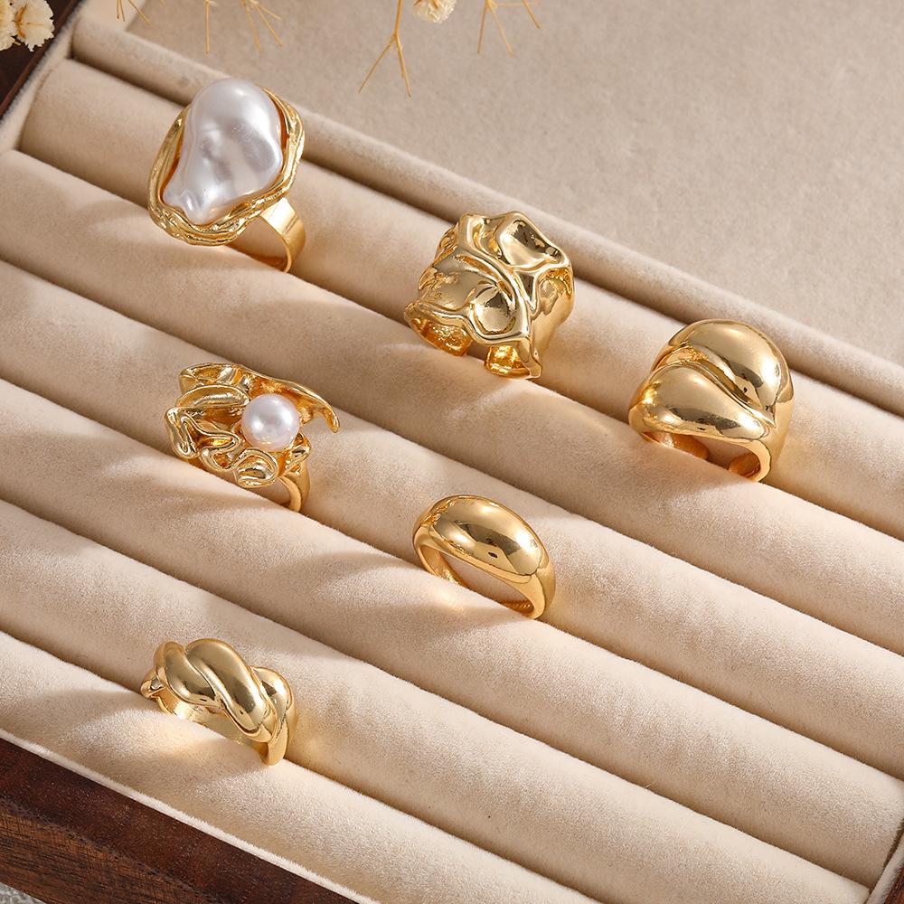 Sweet and Cool Geometric Baroque Pearl Ring Set Personalized Liquid Metal Glossy Ring Geometric Ring Set