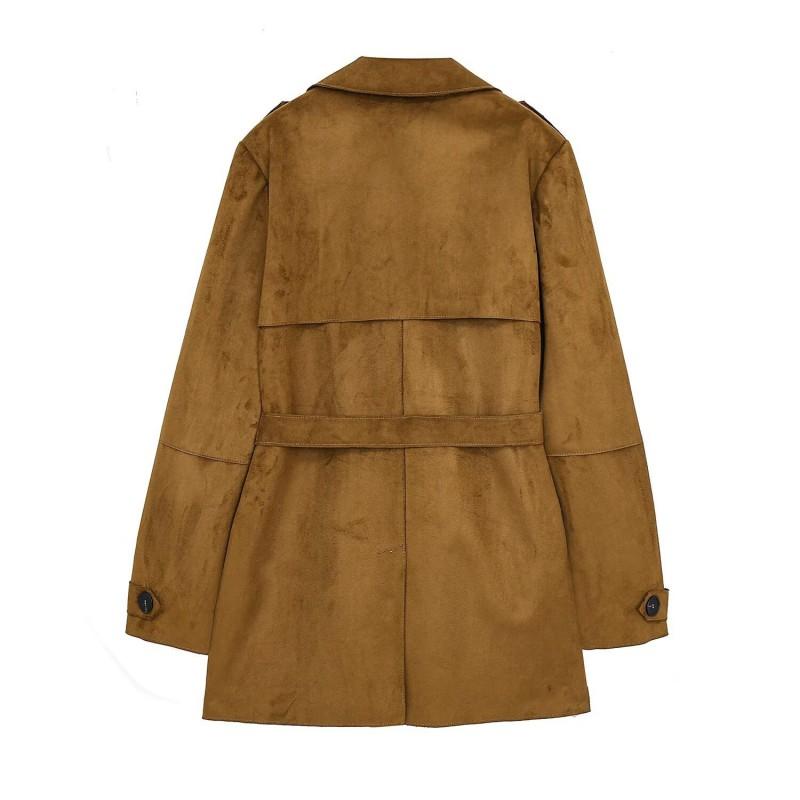 Womens Commuter Belted Faux Suede Trench Coat Solid Color Mid-Length Outerwear