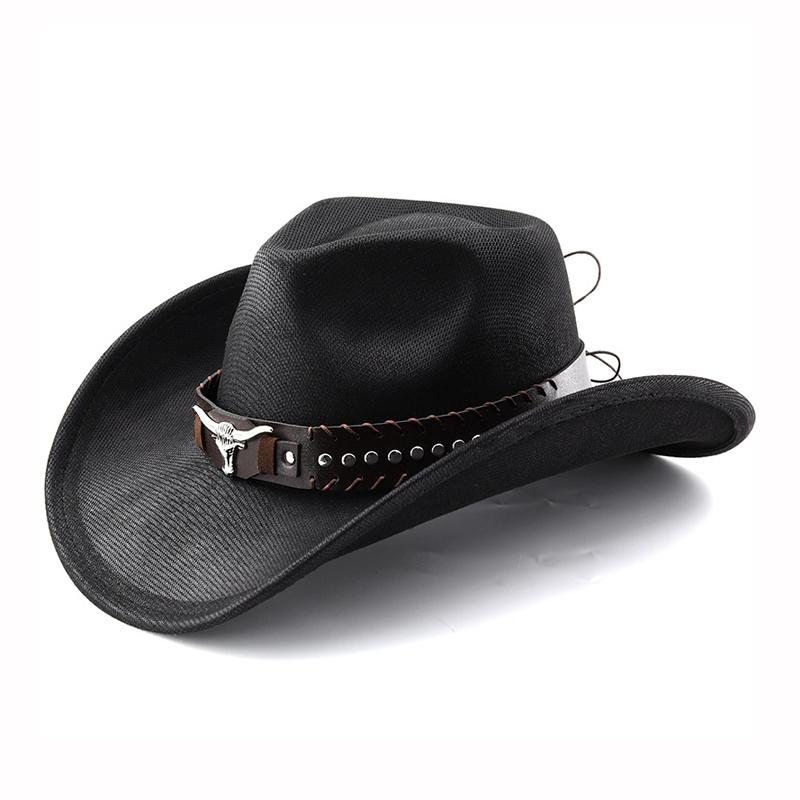 Faux Leather Western Cowboy Hats with Cow Band Vintage Roll Brim Gentleman Cowgirl Jazz Hat Outdoor Travel Party Street Hat