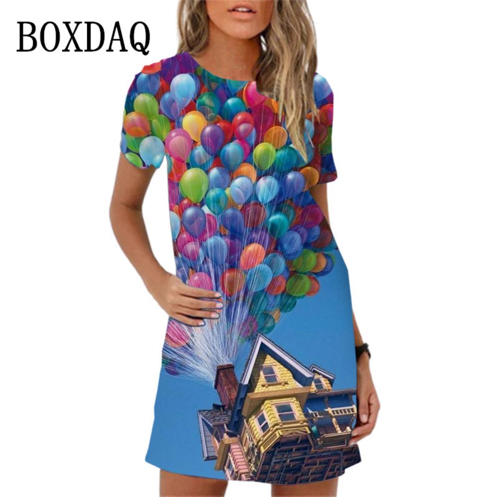 2026 New 3d Colorful Planet Printing Mini Dress Women Summer Short-sleeved Casual Fashion Elegant Round Neck Dress