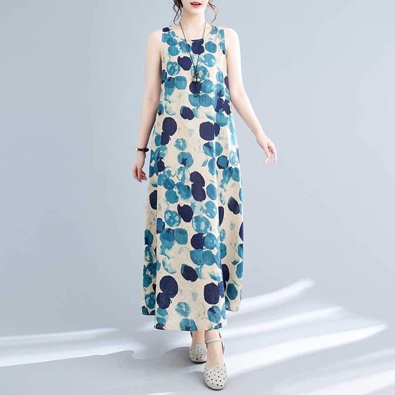 Long Skirt Summer New Sleeveless Round Neck Printed Mid Length Dress