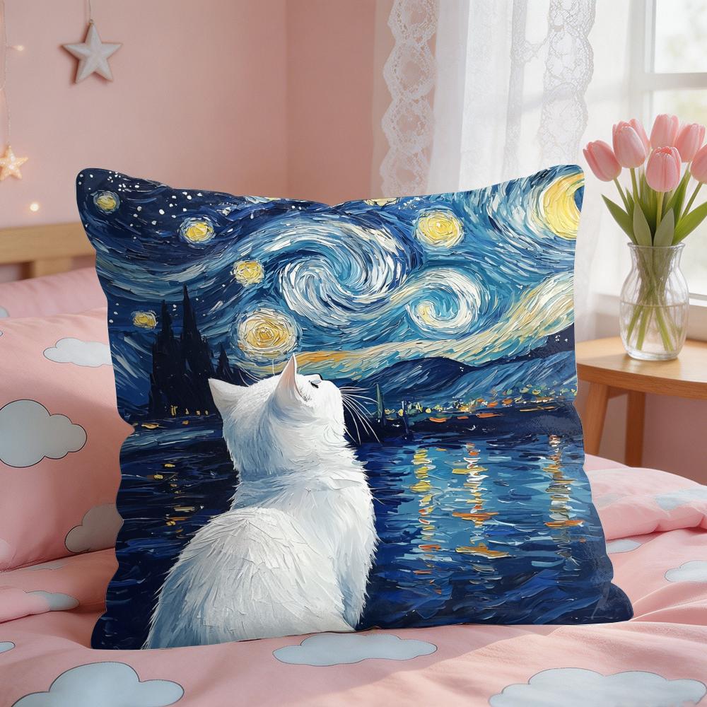 Van Gogh Starry Night Cat Cushion Cover Square Short Plush Pillow Case Living Room Sofa Home Decor Funda X
